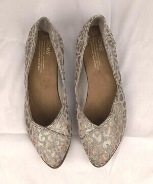TOMS Jett Pointed Toe Metallic Rose Gold Leopard Linen Flats Size 7